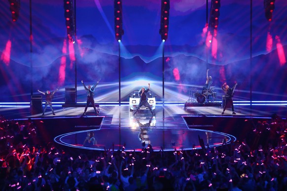 epa10623988 Voyager of Australia perform during a rehearsal for the 67th annual Eurovision Song Contest (ESC) at the M&amp;S Bank Arena in Liverpool, Britain, 12 May 2023. Liverpool is hosting the 202 ...