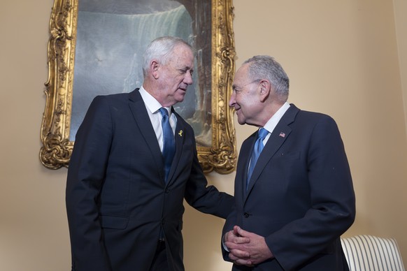 Benny Gantz, left, a key member of Israel&#039;s War Cabinet and the top political rival of Israeli Prime Minister Benjamin Netanyahu, is welcomed by Senate Majority Leader Chuck Schumer, for a privat ...