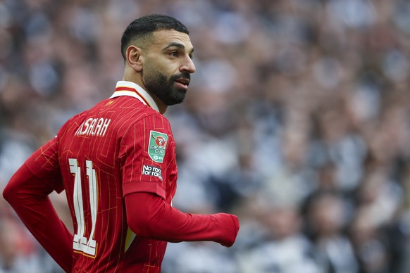 Liverpool&#039;s Mohamed Salah runs during the EFL Cup final soccer match between Liverpool and Newcastle at Wembley Stadium in London, Sunday, March 16, 2025. (AP Photo/Scott Heppell)
Britain Soccer  ...
