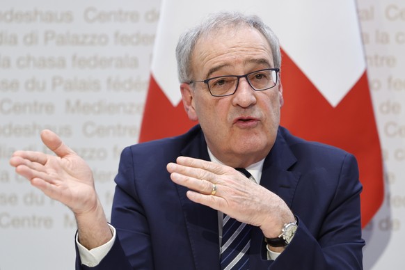 Swiss Federal Councillor Guy Parmelin speaks during a press conference on the new import tariffs into the US, Thursday, April 3, 2025, in Bern, Switzerland. US President Trump has announced new tariff ...