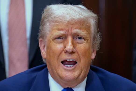 President Donald Trump answers a reporter&#039;s question during an event in the Roosevelt Room at the White House, Monday, May 12, 2025, in Washington. (AP Photo/Mark Schiefelbein)
Donald Trump