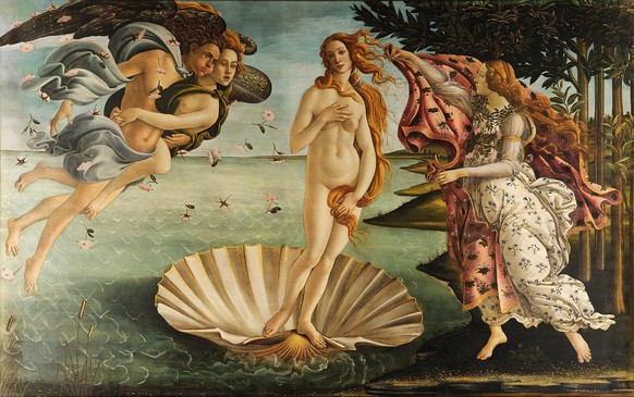 Sandro Botticelli, The Birth of Venus (c. 1484–1486). Tempera on canvas. 172.5 cm × 278.9 cm (67.9 in × 109.6 in). Uffizi, Florence